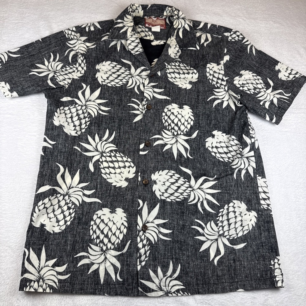 Vintage RJC Hawaiian Shirt M Cotton Pineapples SS Black Reverse Made Hawaii